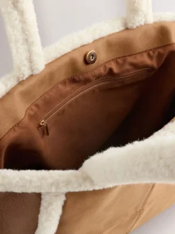 Tan Brown PU Borg Tote Bag