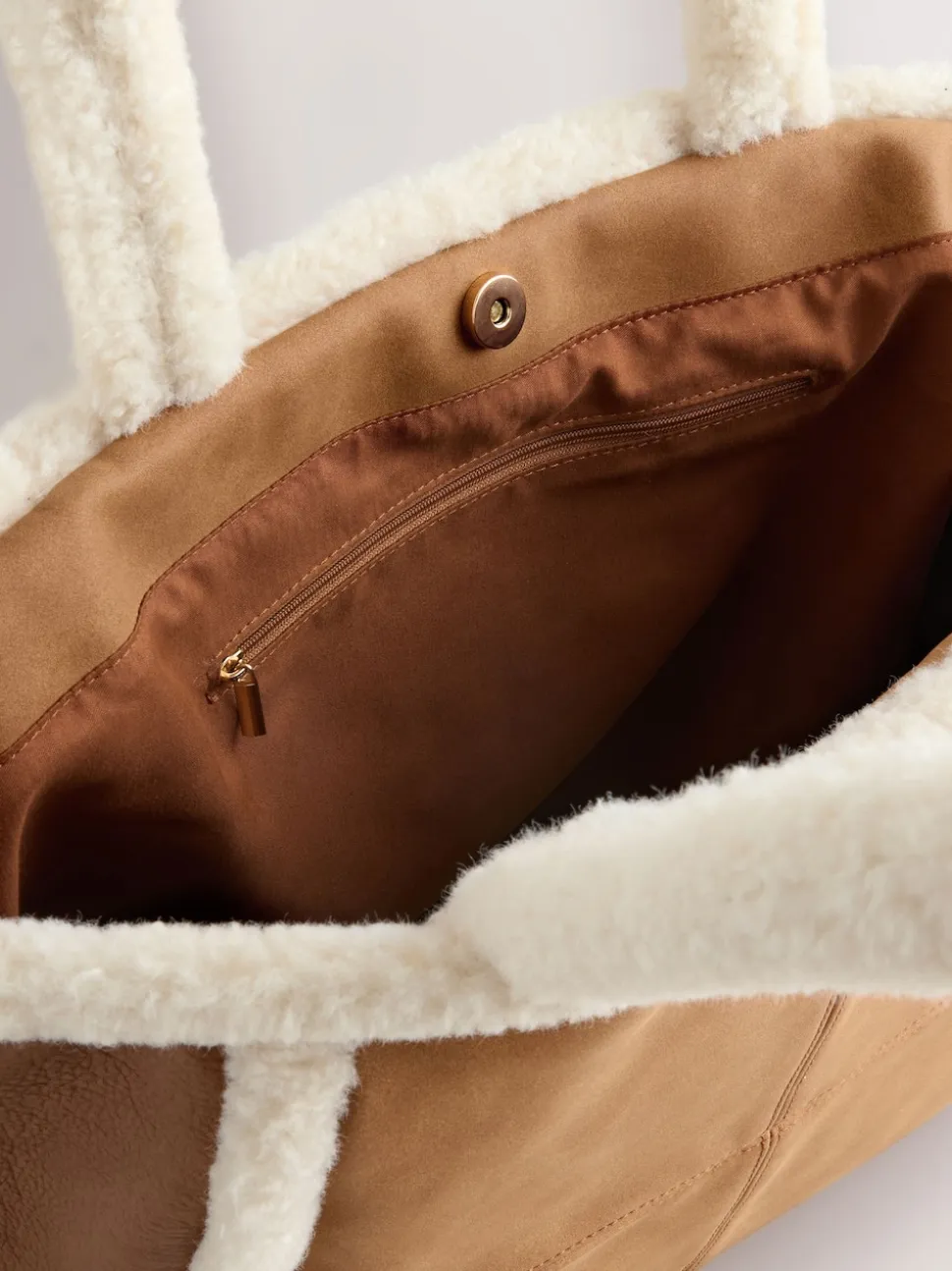 Tan Brown PU Borg Tote Bag