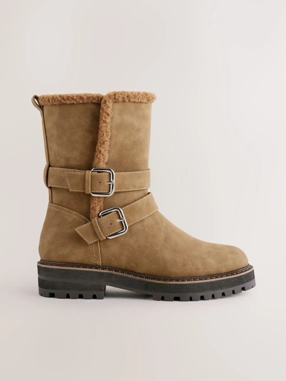 Tan Brown Standard/Wide Fit Forever Comfort® Double Buckle Faux Fur Lined Ankle Boots