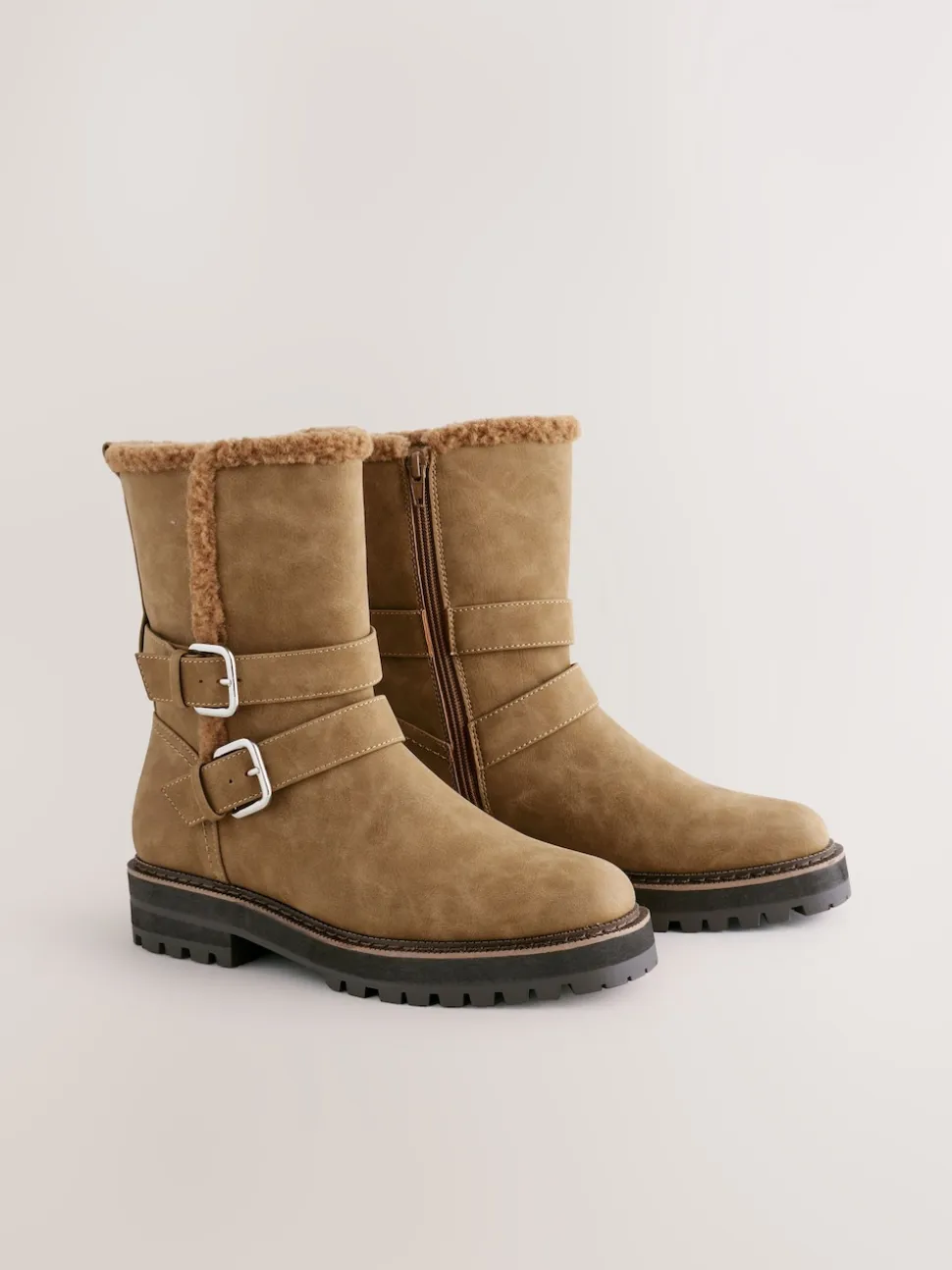 Tan Brown Standard/Wide Fit Forever Comfort® Double Buckle Faux Fur Lined Ankle Boots