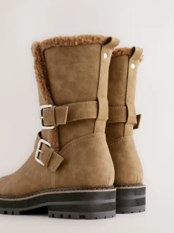 Tan Brown Standard/Wide Fit Forever Comfort® Double Buckle Faux Fur Lined Ankle Boots