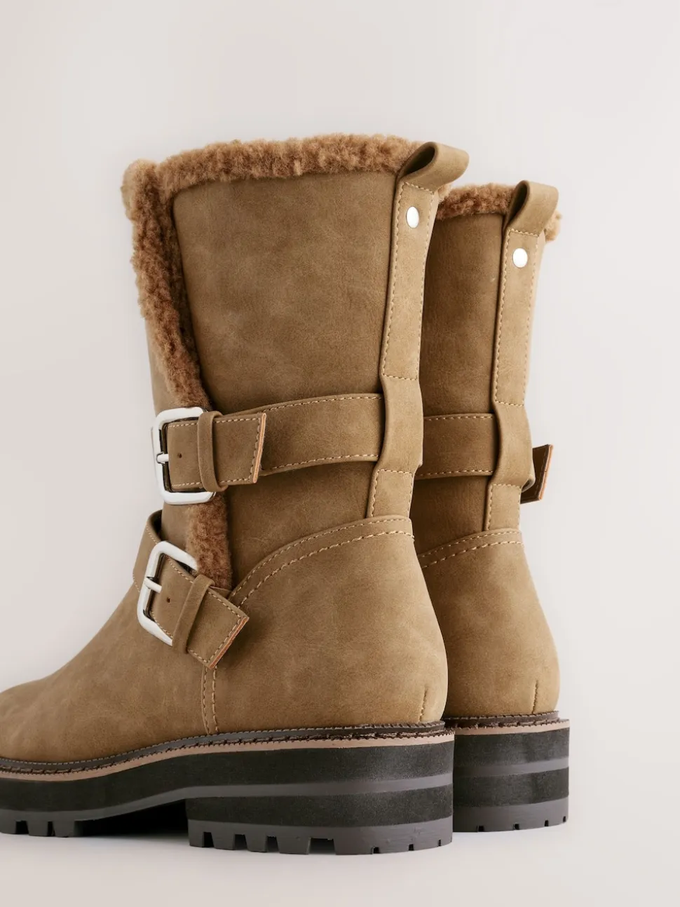 Tan Brown Standard/Wide Fit Forever Comfort® Double Buckle Faux Fur Lined Ankle Boots