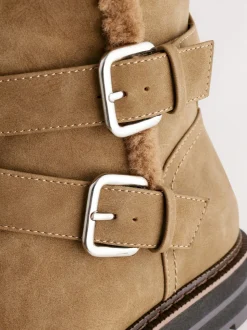 Tan Brown Standard/Wide Fit Forever Comfort® Double Buckle Faux Fur Lined Ankle Boots
