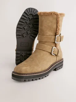 Tan Brown Standard/Wide Fit Forever Comfort® Double Buckle Faux Fur Lined Ankle Boots