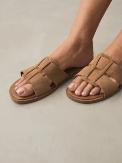 Tan Brown Standard/Wide Fit Slot Mule Sandals