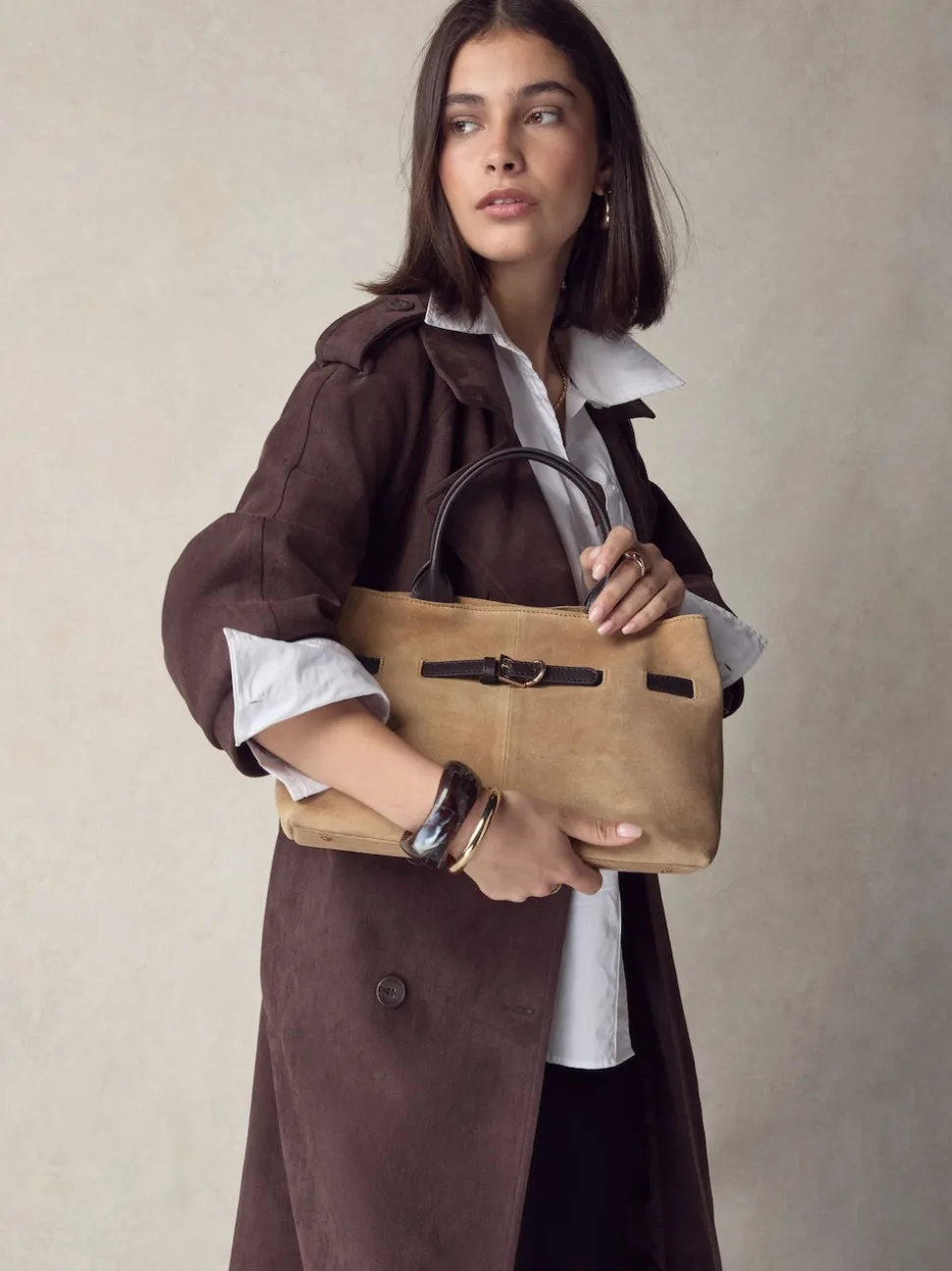 Tan Brown Suede Belted Hand Held Bag