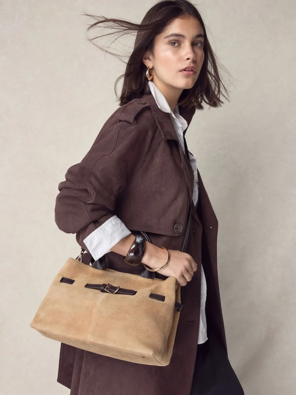 Tan Brown Suede Belted Hand Held Bag
