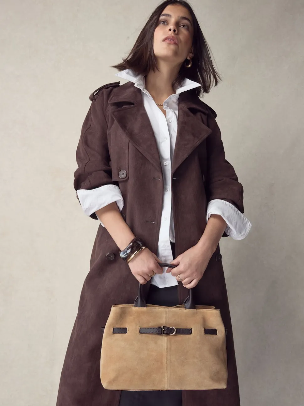 Tan Brown Suede Belted Hand Held Bag