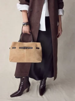 Tan Brown Suede Belted Hand Held Bag