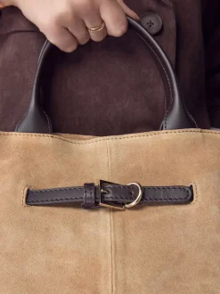 Tan Brown Suede Belted Hand Held Bag