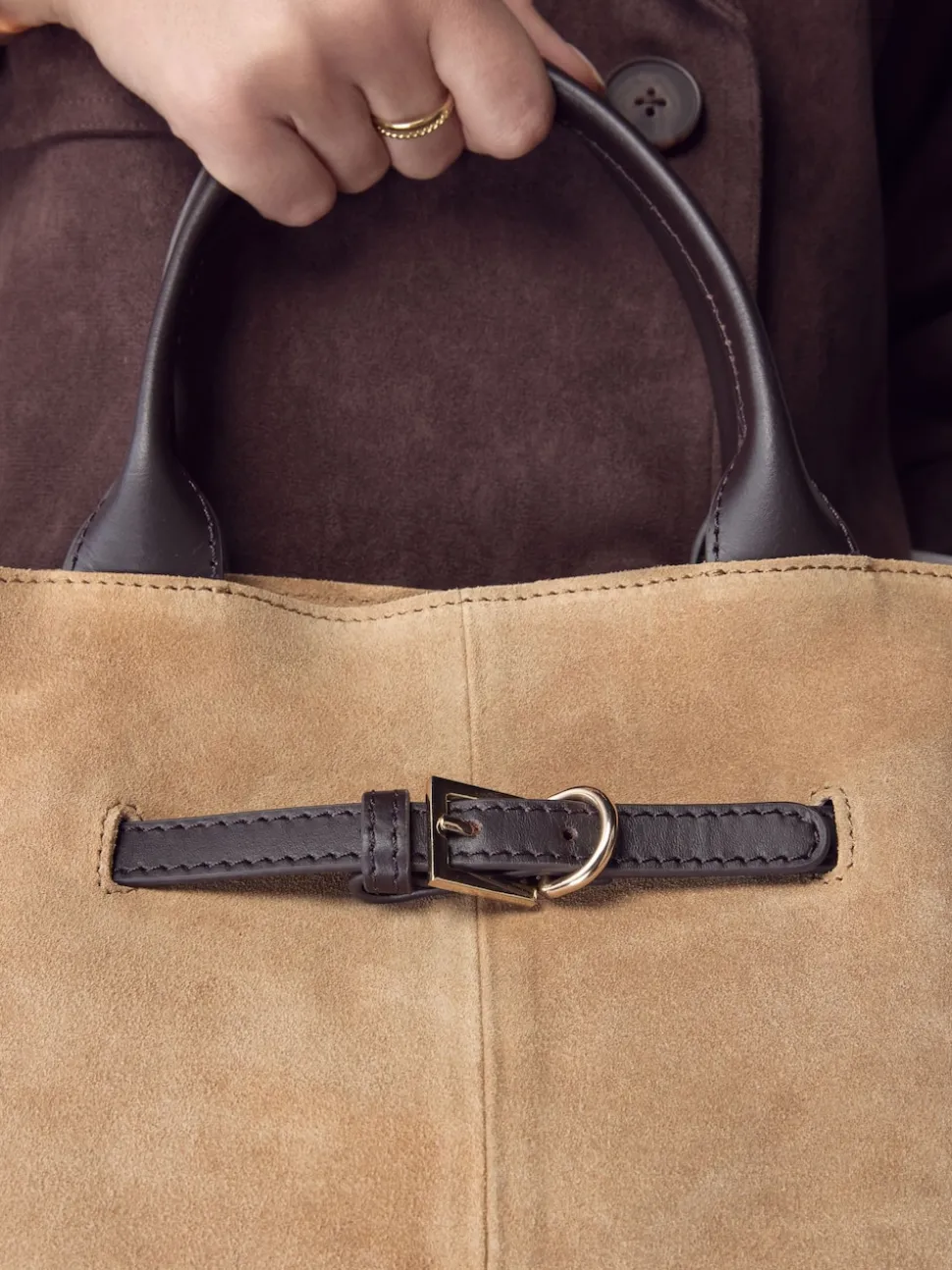 Tan Brown Suede Belted Hand Held Bag