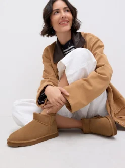 Tan Brown Suede Extra Wide Fit Water Repellent Faux Fur Ankle Boots