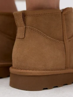 Tan Brown Suede Extra Wide Fit Water Repellent Faux Fur Ankle Boots