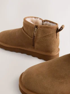 Tan Brown Suede Extra Wide Fit Water Repellent Faux Fur Ankle Boots