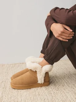 Tan Brown Suede Faux Fur Boot Slippers