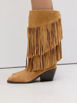 Tan Brown Suede Forever Comfort® Fringed Knee High Cowboy Boots