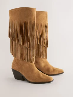 Tan Brown Suede Forever Comfort® Fringed Knee High Cowboy Boots