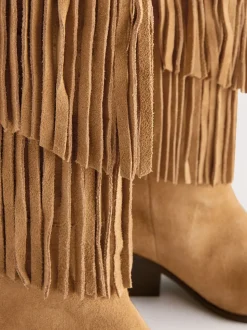 Tan Brown Suede Forever Comfort® Fringed Knee High Cowboy Boots