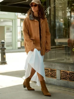 Tan Brown Suede Signature Premium Leather Point Toe Block Heel Western Boots
