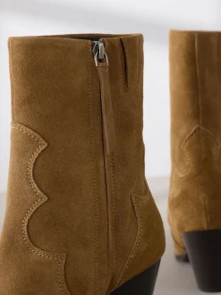 Tan Brown Suede Signature Premium Leather Point Toe Block Heel Western Boots