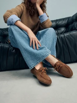 Tan Brown Suede Standard Fit Leather Round Toe Boat Shoes