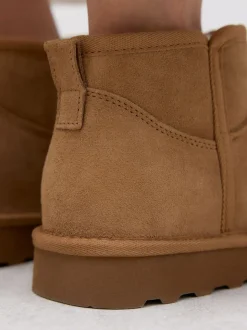 Tan Brown Suede Standard/Wide Fit Water Repellent Faux Fur Ankle Boots
