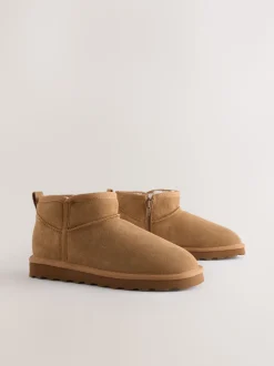 Tan Brown Suede Standard/Wide Fit Water Repellent Faux Fur Ankle Boots