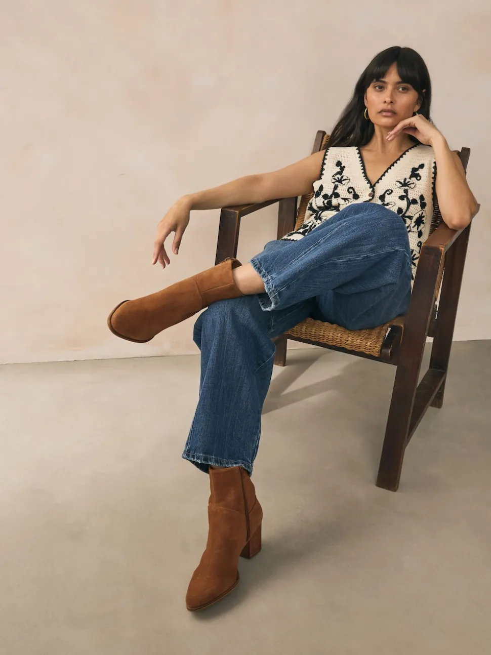 Tan Brown Suede Western Block Heel Ankle Boots