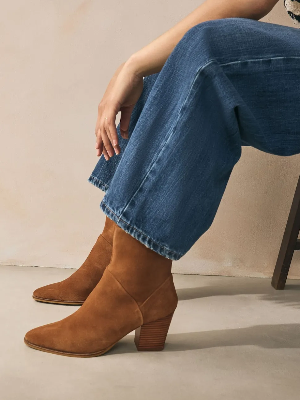 Tan Brown Suede Western Block Heel Ankle Boots