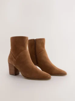 Tan Brown Suede Western Block Heel Ankle Boots
