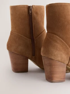 Tan Brown Suede Western Block Heel Ankle Boots
