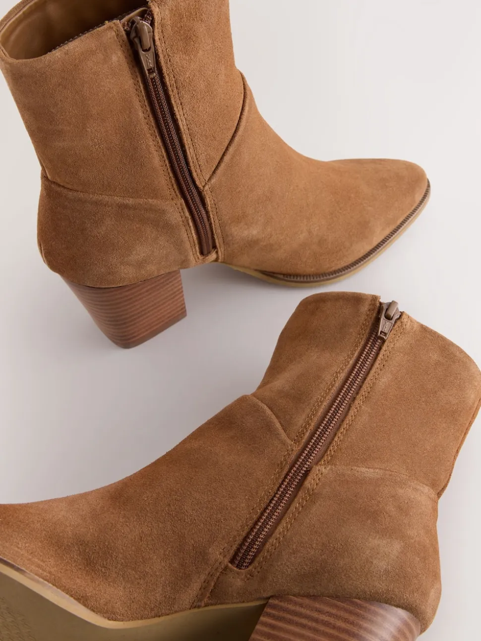 Tan Brown Suede Western Block Heel Ankle Boots