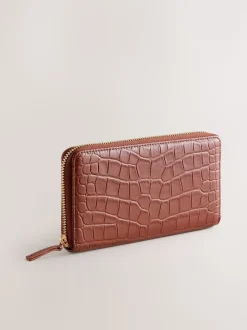 Tan/Brown Croc Effect Zip Around Purse