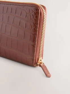 Tan/Brown Croc Effect Zip Around Purse
