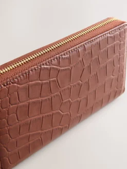 Tan/Brown Croc Effect Zip Around Purse