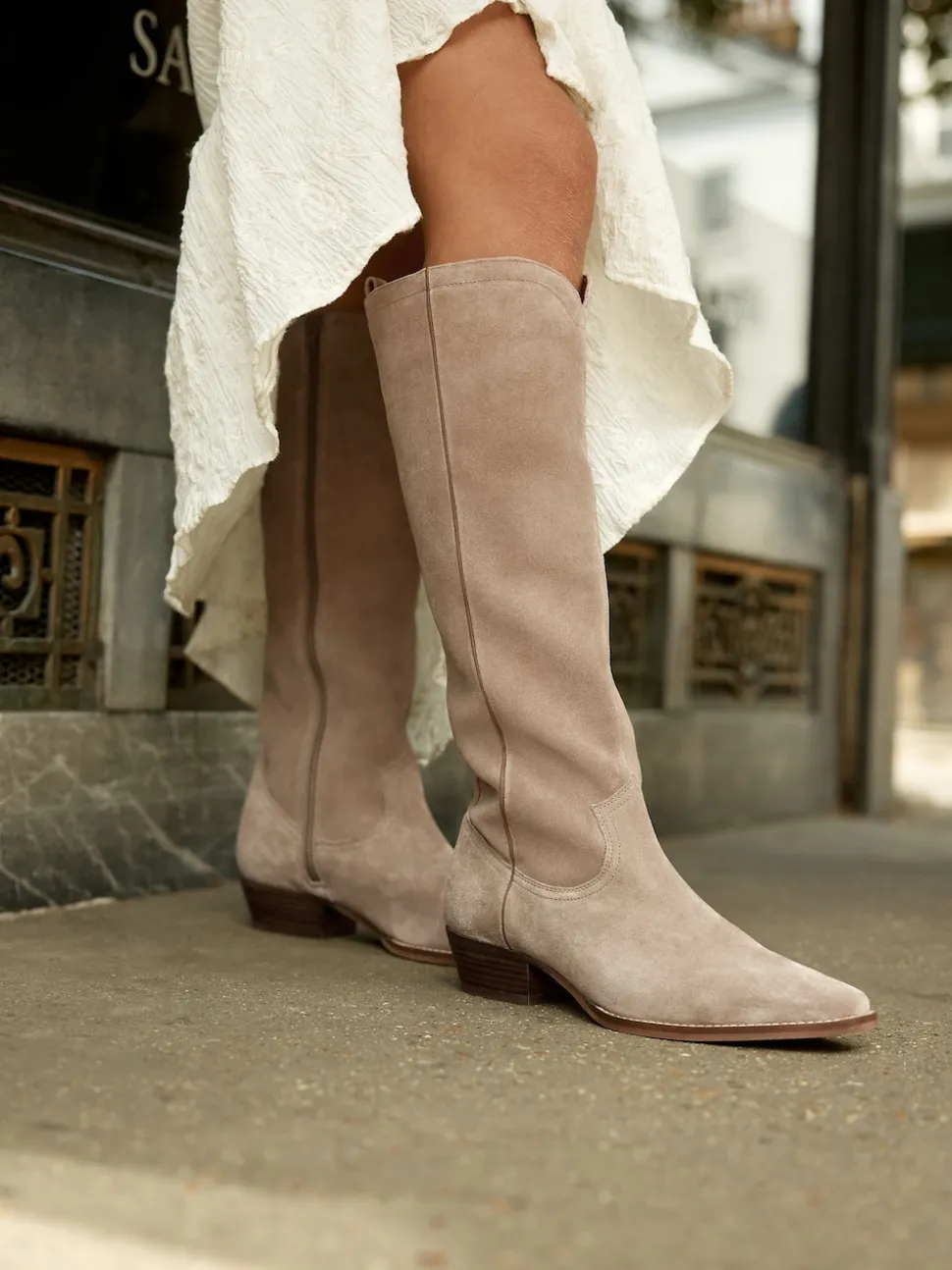 Taupe Brown Suede Leather Mix Forever Comfort® Knee High Contrast Western Boots