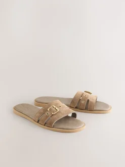 Taupe Neutral Suede Buckle Mule Sandals