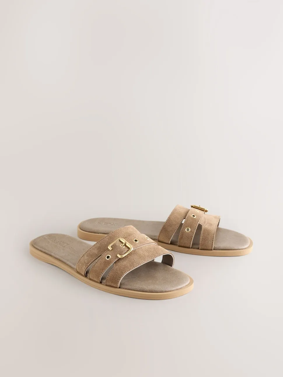Taupe Neutral Suede Buckle Mule Sandals