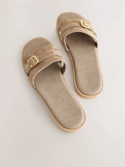 Taupe Neutral Suede Buckle Mule Sandals