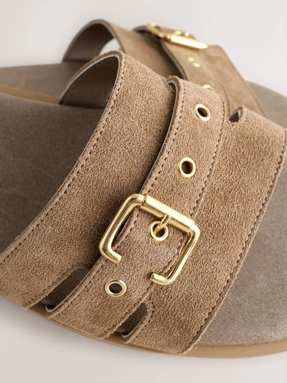 Taupe Neutral Suede Buckle Mule Sandals