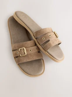 Taupe Neutral Suede Buckle Mule Sandals