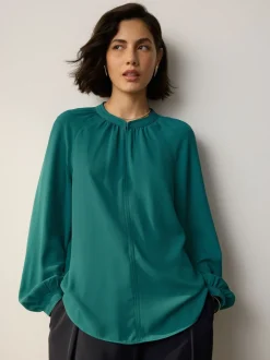 Teal Blue Long Sleeve V-Neck Blouse