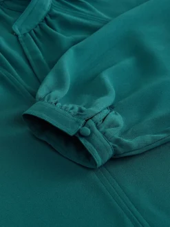 Teal Blue Long Sleeve V-Neck Blouse