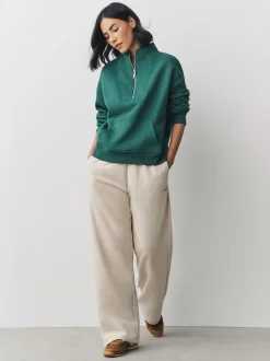 Teal Blue Relaxed Fit Heavyweight Cotton Rich Jersey Zip Neck Sweatshirt