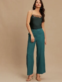 Teal Blue Smart Front Linen Blend Wide Leg Trousers