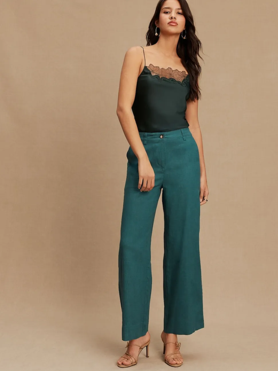 Teal Blue Smart Front Linen Blend Wide Leg Trousers