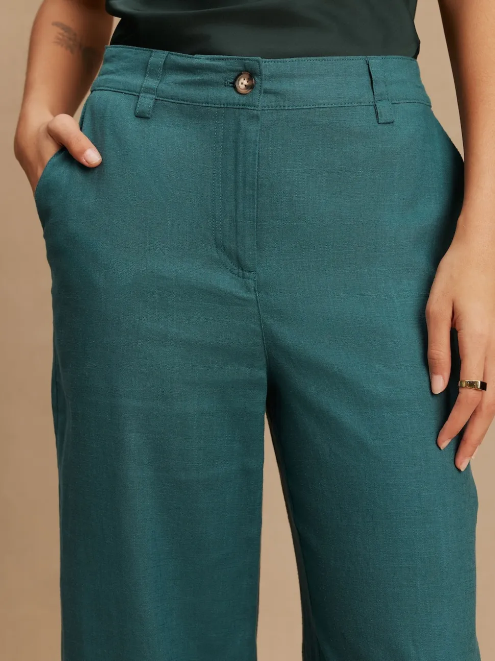Teal Blue Smart Front Linen Blend Wide Leg Trousers