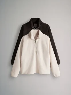 The Set 2 Pack Borg Funnel Neck 1/4 Zip Jumper Chocolate Brown/Cream