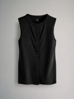 The Set 3 Pack Button Through Ribbed Vests Black/White/Chocolate Brown