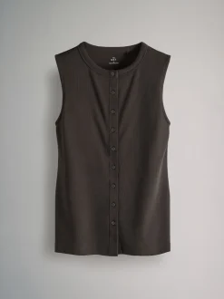 The Set 3 Pack Button Through Ribbed Vests Black/White/Chocolate Brown